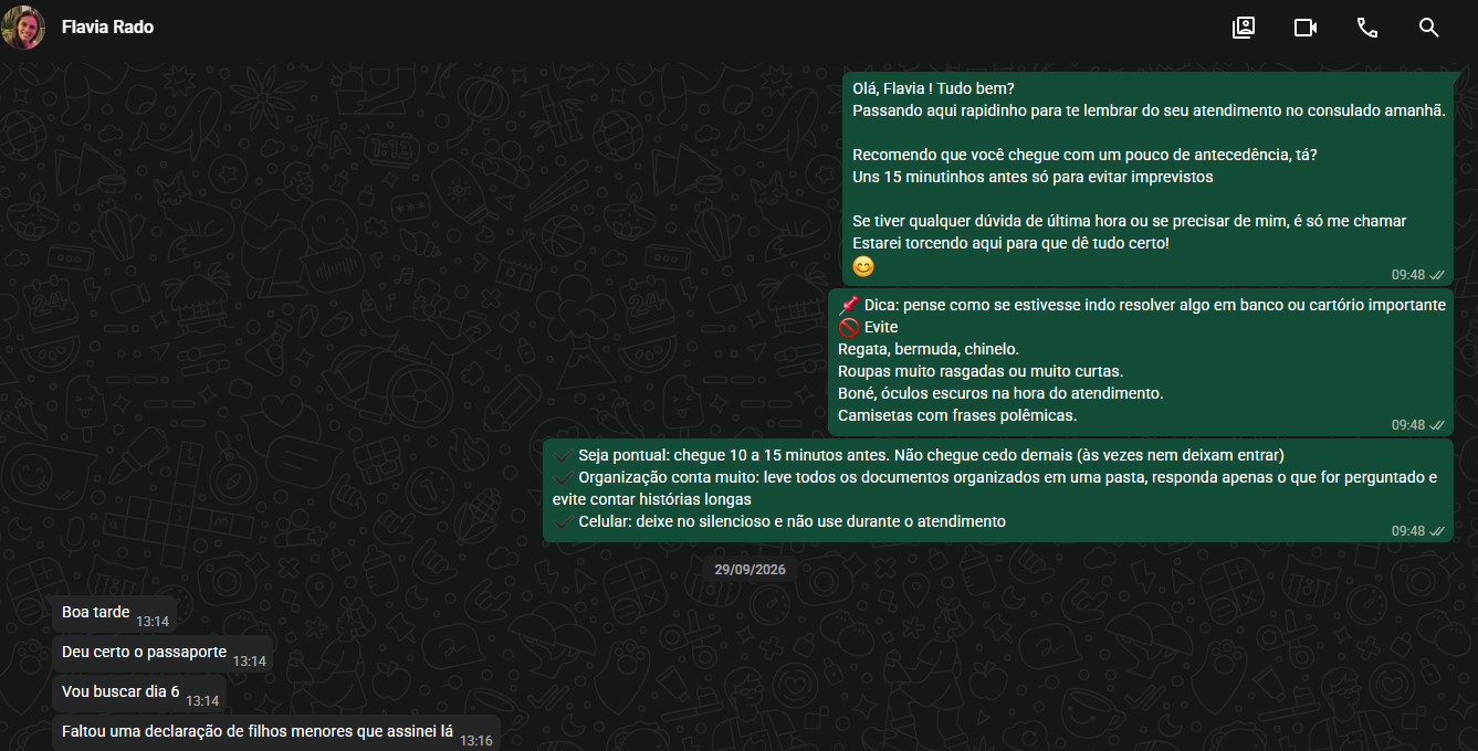 Print de conversa de WhatsApp com a cliente Flavia