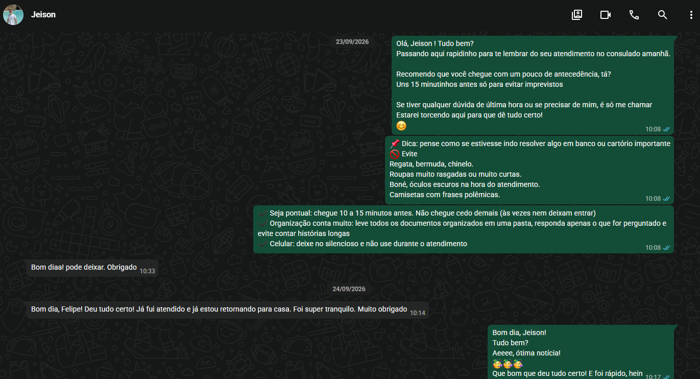 Print de conversa de WhatsApp com a cliente Jeison